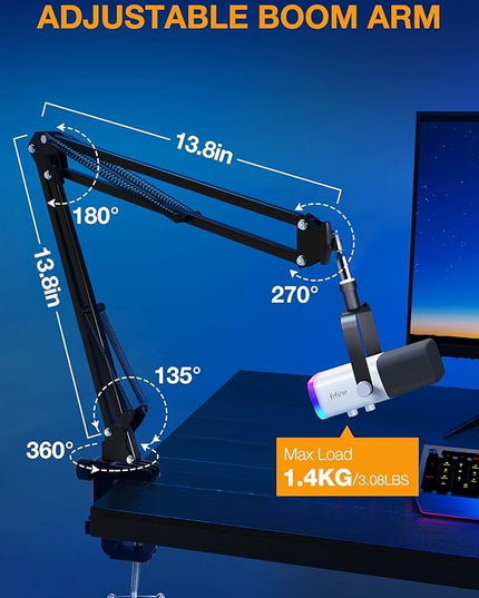QuadCast Boom Arm, Mic Arm for Blue Yeti HyperX QuadCast SoloCast Fifine AM8 and Most Microphone, Mic Stand Desk with 3/8" to 5/8" Adapter by SUNMON