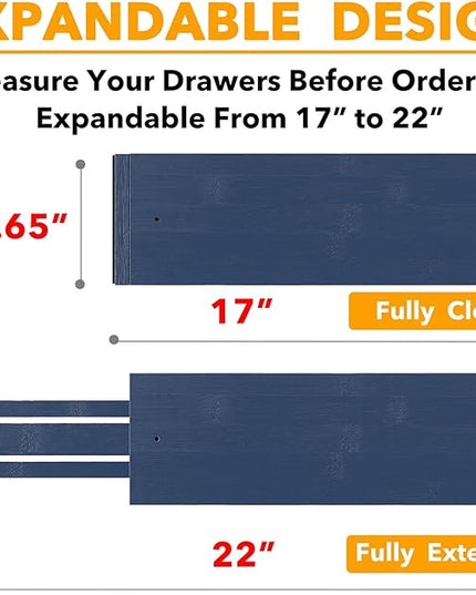 SpaceAid Bamboo 4 Pack Dresser Drawer Dividers, 4.65“ High Adjustable 17“-22” Drawer Organizers, Expandable Organization for Clothing, Clothes, Dressers, Navy Blue