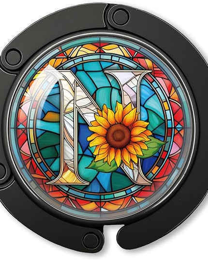 YAZMEEN Stained Glass Initial Foldable Purse Hook for Table, Stained Glass Letter N, Women's Handbag Hanger Holder, Portable Purse Table Hanger, Funny Desk Hook Gifts for Mom Wife Sister Friend BFF