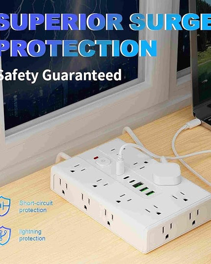 Power Board Surge Protector with 16 sockets, Equipped with 3 USB A and 3 USB C Ports, Suitable for Various Devices, Including Home, Office, and Dormitory (black6.5FT)