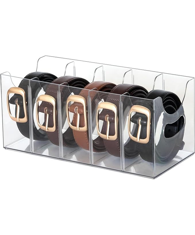Belt Organizer - Clear Stackable Belt holder for Closet and Drawer Storage - 5 Compartments with Removable Dividers, Multi-Purpose Display Bins With Inserts For Ties, Socks, underwear (1)