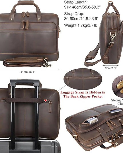 Masa Kawa Leather Briefcase for Men 17/15.6" Laptop Crossbody Shoulder Messenger Bag Business Travel Work Attache Case