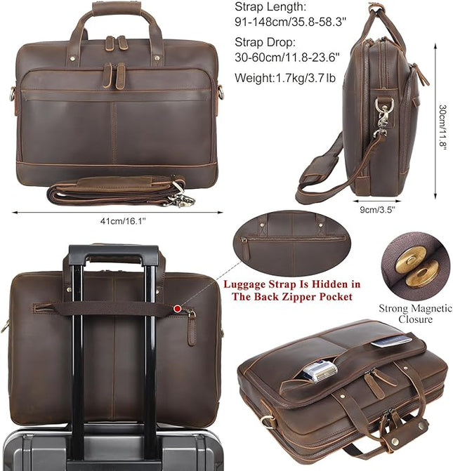Masa Kawa Leather Briefcase for Men 17/15.6" Laptop Crossbody Shoulder Messenger Bag Business Travel Work Attache Case