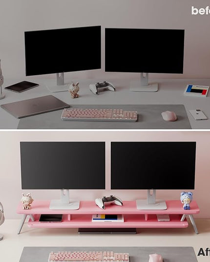 Fenge Dual Monitor Stand, Monitor Stands Riser for 2 Monitors, 42.5 Inch Wood Desk Shelf with Storage Organizer and Cable Management for Office Desk Accessories