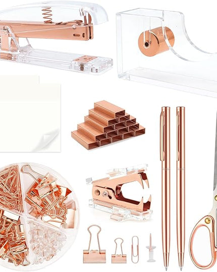 Rose Gold Office Supplies,UPIHO Rose Gold Desk Accessories,Stapler and Tape Dispenser Set with Stapler,Tape Dispenser, Staple Remover, Staples, Clips,Scissor,Pen and Sticky Notes,Gifts for Coworkers