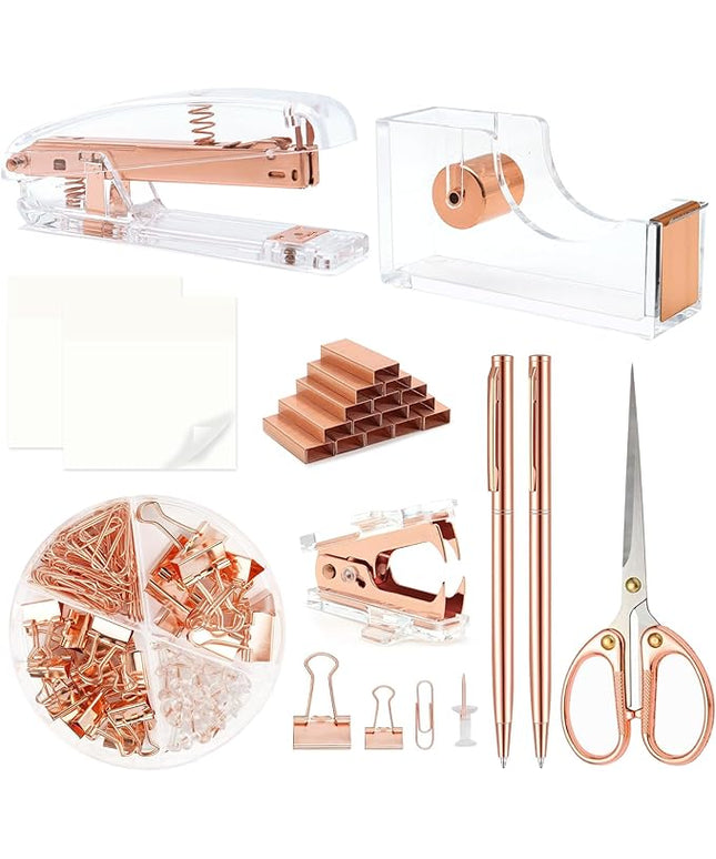 Rose Gold Office Supplies,UPIHO Rose Gold Desk Accessories,Stapler and Tape Dispenser Set with Stapler,Tape Dispenser, Staple Remover, Staples, Clips,Scissor,Pen and Sticky Notes,Gifts for Coworkers