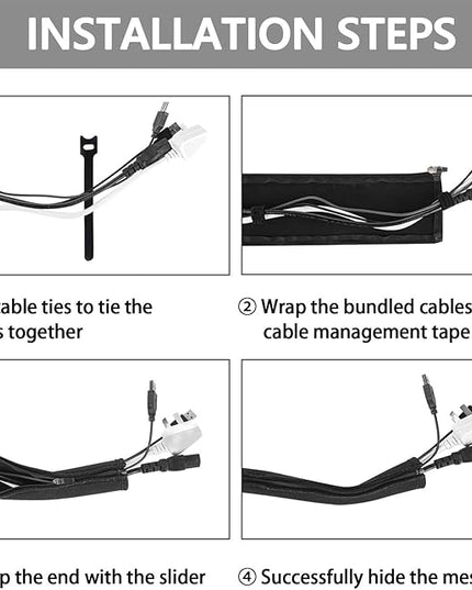 Geekria 4 Pack Cable Management, Wire Management with 8 Pieces Cable Ties, 20 Inch Cord Management with Zipper for TV/Office/Home Entertainment/Computer, Desk Cable Management (Black)