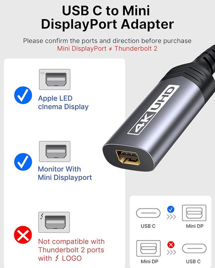 JSAUX USB C to Mini DisplayPort Adapter 4K@60Hz, Type C to Mini Display Port(Not for Thunderbolt 2) Cable, Compatible with MacBook Pro 2019 2018, Dell XPS, Samsung Galaxy S21 S20 Plus-Grey