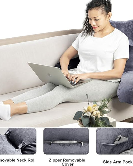 SLIGUY Reading Pillow for Sitting in Bed Couch Adult, Back Pillow with arm Support and Pockets, Adult Back Pillow Bed Chair for Bed Rest, Reading, Watching TV, Gaming for Boys and Girls Dark Grey