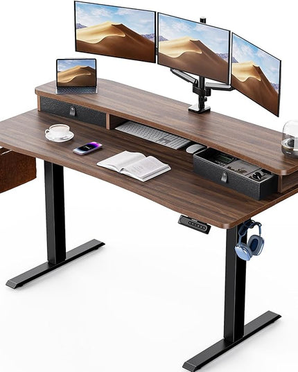 HUANUO 60″ x 30″ Electric Standing Desk with 2 Drawers, C-Clamp Mount Compatible, Height Adjustable Computer Desk, Home Office Stand Up Desk with 4 Preset Heights & 2 Hooks, Walnut