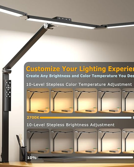 LED Desk Lamp with Clamp, Architect Desk Lamp for Home Office with Remote, 24W Ultra-Bright Desk Light with Stepless Dimming and Stepless Color Temp, Memory Function for Study and Workbench