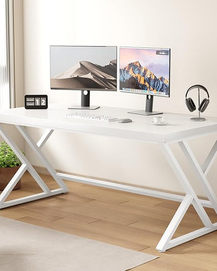 LVB White Computer Desk, Modern Wood Home Office Desk for PC Writing Work, Metal Wooden Executive Workstation Student Simple Desk, Computer Study Gaming Bedroom Table, 55 Inch, White Oak