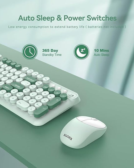 Wireless Keyboard and Mouse,Cute Retro Typewriter Computer Keyboard and Mouse Sets,Full Size 2.4G Cordless Colorful Round Keycaps Keyboard with Silent Mouse for PC Windows Laptop Office-Multi Green