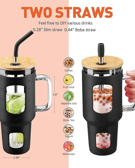 Glass Tumbler with Straw and Lid, 40 oz glass cup with handle, Glass Water Bottles with Time Marker, Silicone Protective Sleeve-Black