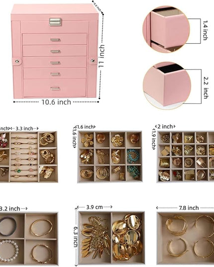 BOOVO Jewelry Box For women, 6 Layer Large Jewelry Organizer With Mirror, Multi-Function Storage Box With Lock, Necklace Holder With 5 Drawers, For Earrings Necklace Bracelet (Silver and Pink)