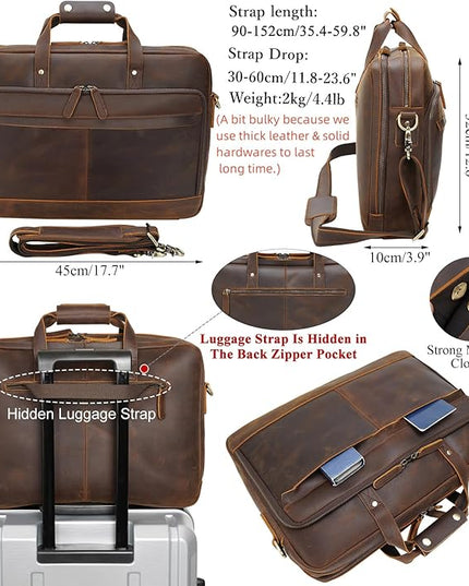 Masa Kawa Leather Briefcase for Men 17/15.6" Laptop Crossbody Shoulder Messenger Bag Business Travel Work Attache Case