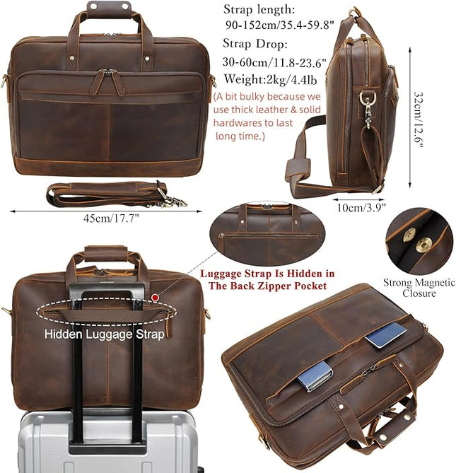 Masa Kawa Leather Briefcase for Men 17/15.6" Laptop Crossbody Shoulder Messenger Bag Business Travel Work Attache Case