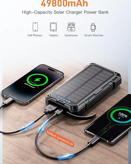 Power Bank 49800mAh Solar Portable Charger Wireless Charging USB-C 15W Fast Charging with 4 Built-in Cables LED Flashlight Battery Pack Compatible with iPhone, iPad, Perfect for Camping,Hiking