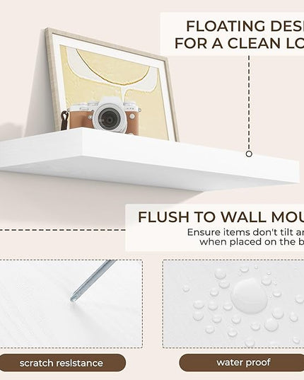 RICHFOCUS 24Inch Floating Shelves for Wall 2 Pack Shelves for Bedroom|Kitchen|Bathroom Wall Mounted Rustic Wood Floating Shelf with Invisible Brackets for Books|Storage|Decor, White