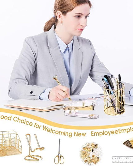 Gold Desk Organizers and Accessories Office Supplies Set Stapler, Pen Holder, Phone Holder, Scissors, Pen, Ruler, 30 Paper Clips, 22 Binder Clip, 20 Tacks and 1000pcs Staples (Gold)