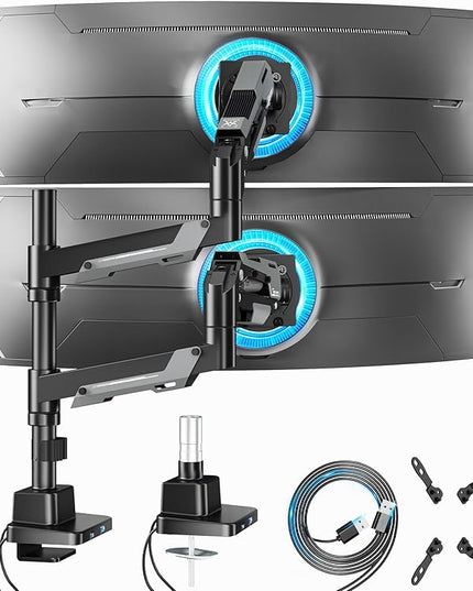 ARES WING Dual Monitor Mount, Adjustable Stacked Monitor Stand with USB A/C, Heavy Duty Gas Spring Monitor Desk Stand for 2 Monitors for 24-57 Inch Ultrawide Screen, 75/100/200 Vesa Mount, Black