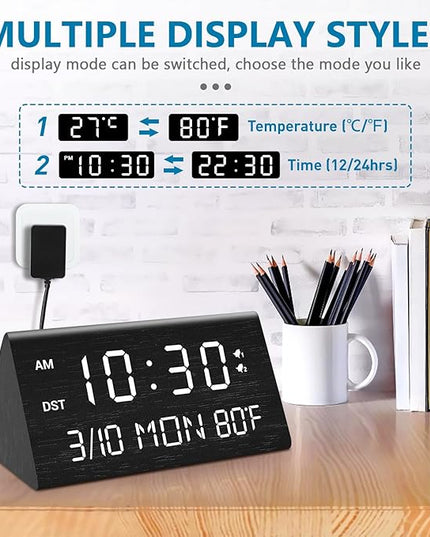 Kogonee Wooden Digital Alarm Clock, 0-100% Dimmer, 2 Alarm Settings, Weekday/Everyday Mode, 9 Mins Snooze, 12/24H, Temperature and Date Display for Office, Travel, Bedroom Alarm Clock (Black)