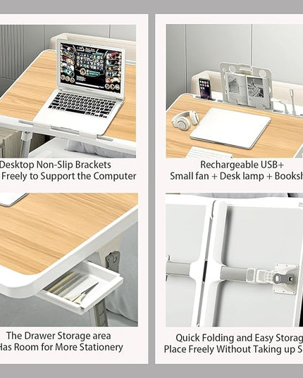 Laptop Desk for Bed, Adjustable Beds Table with USB Charge Port, Foldable Laptop Table with Storage Drawer, Portable Laptop Bed Desk Tray for Eating Working Writing Reading (Yellow)