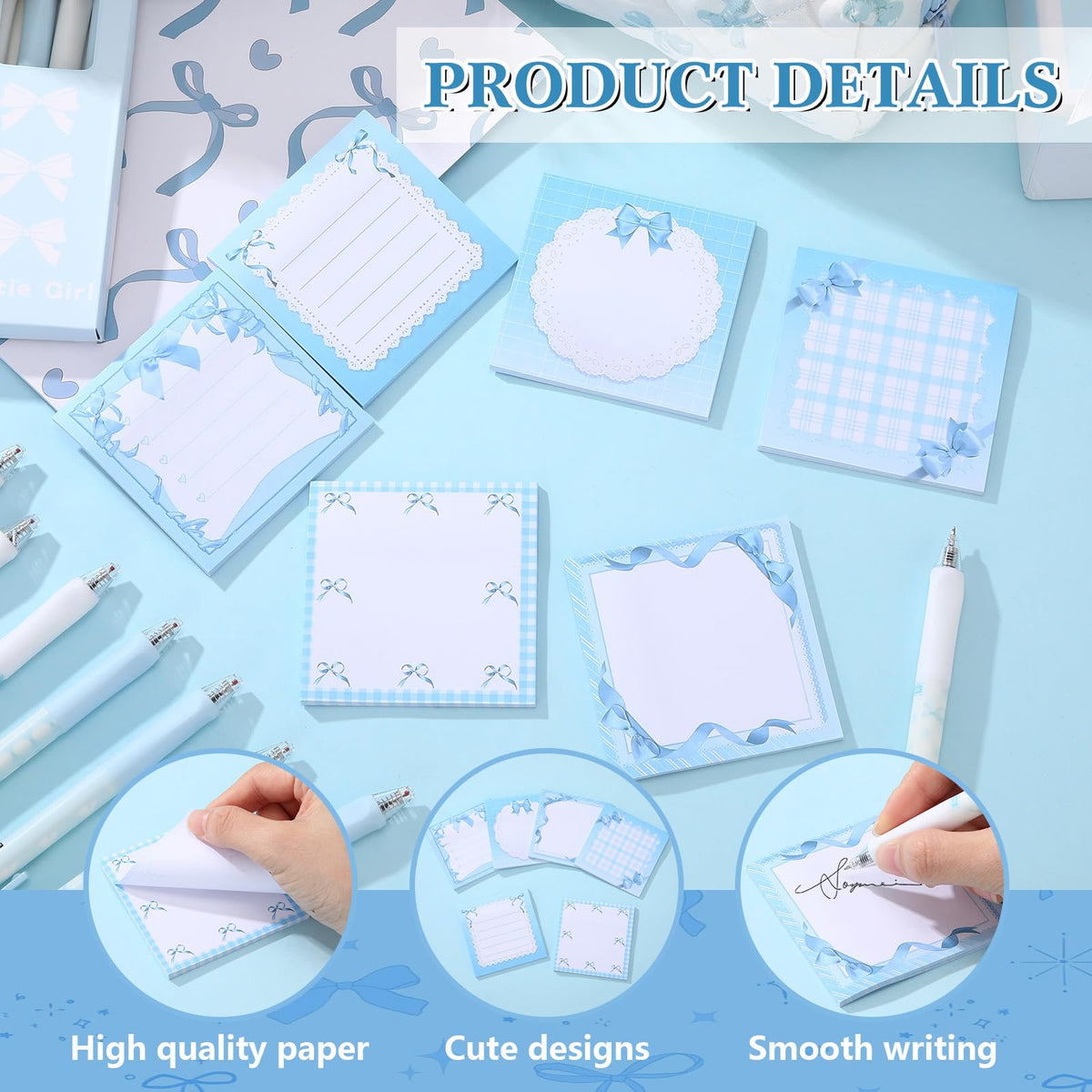 Poola Voidra 20 Pcs Blue Bow Stationery Set, Cute Bow Pen Case, A5 Notebook, 12 Ballpoint Pens, 6 Sticky Notes, Kawaii School Supplies Kit for College Office Back to School Party Favors Birthday Gifts