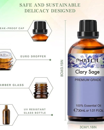 Clary Sage Essential Oil, 1.01Fl.Oz (30ML) PHATOIL Pure Essential Oil Singles for Aromatherapy Diffusers, Humidifiers, Great for DIY Candle and Soap Making, Gift for Friend