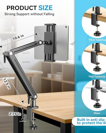 Jakeko Adjustable Tablet Mount for Desk - 360 Degree Rotating Base Tall Arm Holder Stand Swivel Flexible Clamp Soporte para Tablet/Portable Monitor/Ebook
