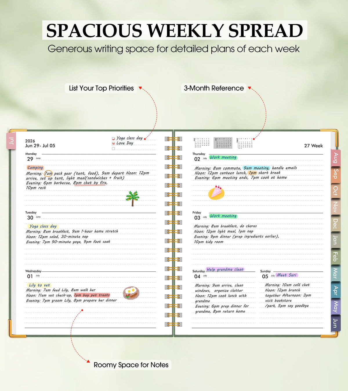 Academic Planner 2026-2027, Hardcover Leather Weekly and Monthly Calendar Planner from July 2026 - June 2027, A5 6.1" x 8.2" Daily Agenda with Tabs, College School Organizer for Student Teacher, Green