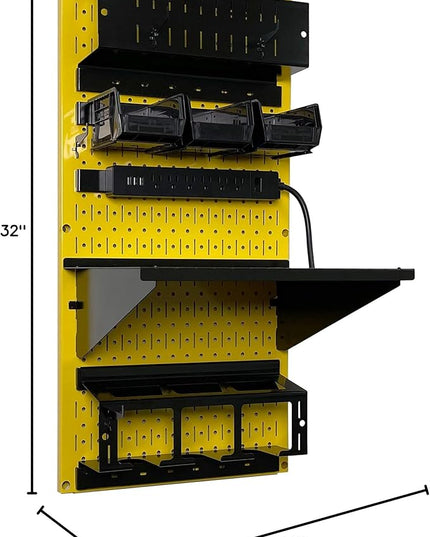 Wall Control Power Tool Storage Organizer Kit Cordless Drill Holder Charging Station Rack 16” x 32” Metal Pegboard Organization System (Yellow Pegboard)