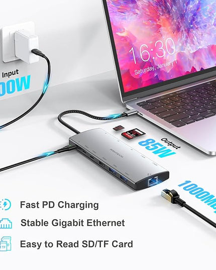 RSHTECH USB C Hub Docking Station Dual Monitor 12 in 1 Triple Display Multiport Adapter with 2 HDMI, 4K DP, 3 USB 3.2 10Gbps, 2 USB 3.0 Ports, 100W PD, Gigabit Ethernet, SD/TF for MacBook, Laptops