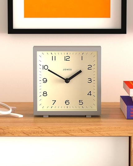 JONES CLOCKS® Disco Desk Clock | Sleek Square Design | Gray | Stylish and Easy to Read for Shelf, Table, Mantel or Bedside