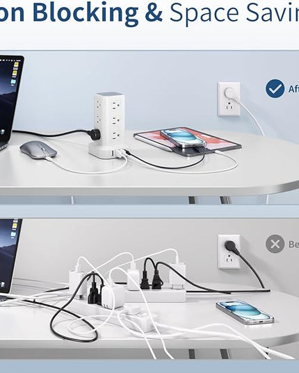 Surge Protector Power Strip 6.5 FT Cord, Power Strip Tower with 4 USB Ports (1USB C), Extension Cord with 12 AC Multiple Outlets, Home Office Supplies Desk Accessories, Dorm Room Essentials