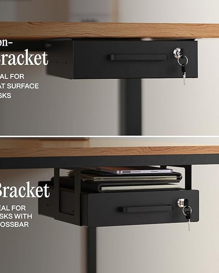 Under Desk Drawer Slide-Out – Lockable Metal Storage Drawer with Cable Management for Office & Home (Single, Bracketed)