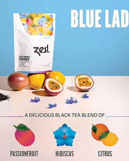 Zest Energy Tea Bags – Blue Lady Passion Fruit Black Tea – High Caffeine Tea for Morning Energy, Focus & Clarity – Natural Caffeinated Tea with 150mg Caffeine – 20Ct Pack – Non-GMO & Keto Friendly