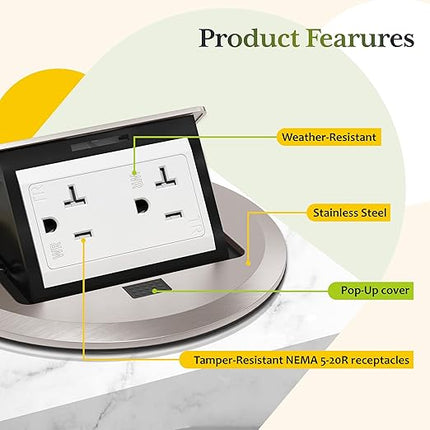 TG Round Pop-Up Floor Box Kit, 20A Tamper-Resistant Weather Resistant Receptacle Outlet, Outlet Cover Box, Watertight Gasket and Corrosive Resistant Hardware, Nickel Plated Brass, Stainless Steel