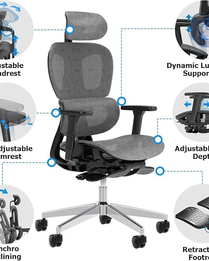 PatioMage Ergonomic Office Chair, Big and Tall Desk Chair with Adjustable Lumbar Support & Seat Depth, High Back Computer Chair, Swivel Mesh Chairs with Wheels for Home Office, Darkgrey