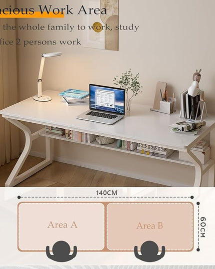Extra Long Desk with Bookshelf - 55" Double Long Writing Table for 2-Person Workstation, Modern Study Work Computer Desk for Home and Office, Warm White