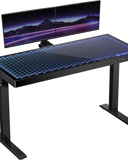 EUREKA ERGONOMIC Gaming Desk RGB Lights Height Adjustable 55 Inch Computer Table Home Office Standing Desk Glass Desk Music Sensing, Dual Motors,USB Ports, APP Control