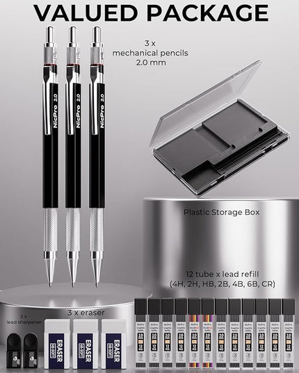 Nicpro 2mm Metal Mechanical Pencil Set with Case, 3PCS Lead Pencil Holder 2.0 mm with 144PCS Lead Refills (4H 2H HB 2B 4B 6B Color), Eraser, Sharpener for Drafting Writing Drawing Sketching
