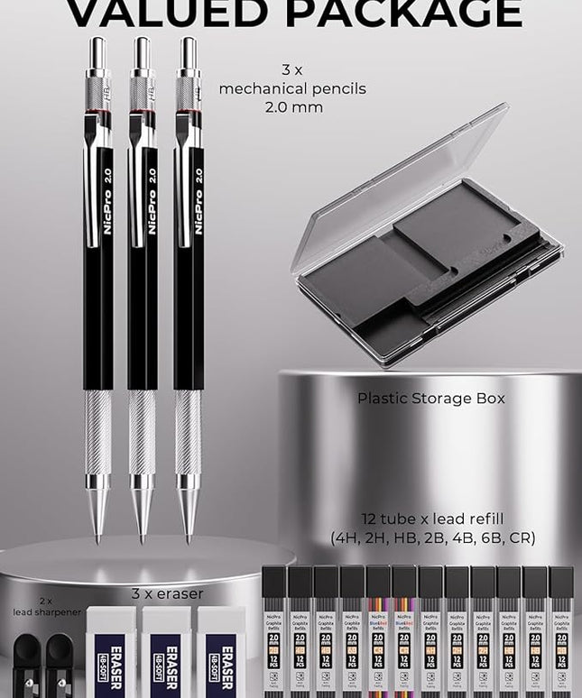 Nicpro 2mm Metal Mechanical Pencil Set with Case, 3PCS Lead Pencil Holder 2.0 mm with 144PCS Lead Refills (4H 2H HB 2B 4B 6B Color), Eraser, Sharpener for Drafting Writing Drawing Sketching