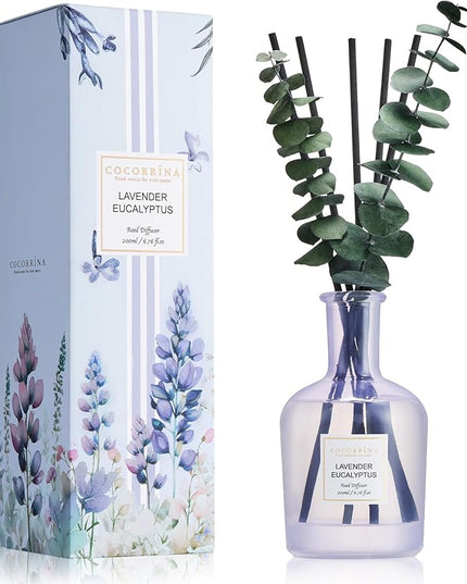 COCORRÍNA Lavender Eucalyptus Reed Diffuser – 6.76 oz Essential Oil with Sticks & Dried Eucalyptus Branches, Home Fragrance for Bedroom or Bathroom Décor