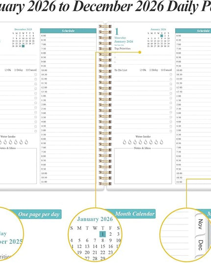 Daily Planner 2026 Full Page Per Day- 2026 Daily & Monthly Planner from January 2026 to December 2026, Day Planner 2026 with 12 Months Tabs, 8.5" x 11", Pink Flowers
