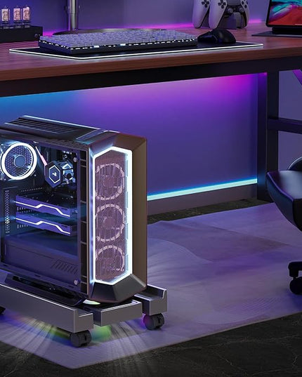 Adjustable Computer Tower Stand with Cooler Fan and Light, PC Stand for Floor, Mobile CPU Holder with 4 Caster Wheels Fits Most PC Tower, Under Desk CPU Holder for Office,Gamers and Students