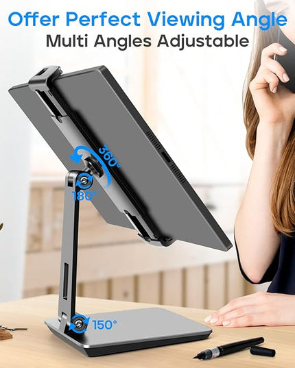 ROADOM Tablet Stand, Adjustable 360° Swivel Bracket, 180° Tiltable Clamp,Foldable Tablet Holder for 4.7-17.3'' iPhone/iPad/Tablet/Portable Monitor, Aluminum Alloy, Black