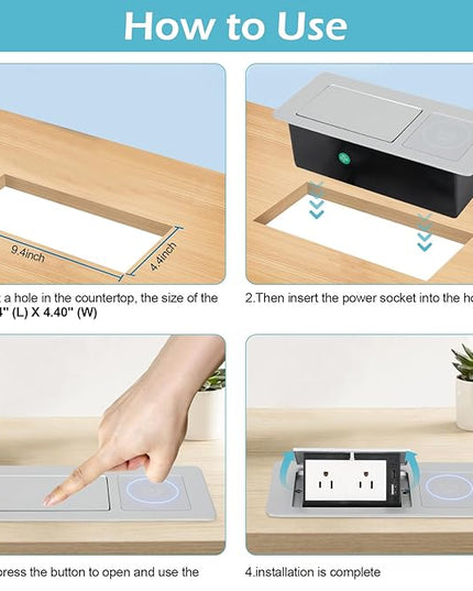 Pop Up Outlet with 15W Wireless Charger, Power Strip with 2 AC Outlets, USB A and USB C Charging Ports Recessed Multimedia Strip Socket Hidden Table Connection Box with Outlet (Sliver-F-Wireless)