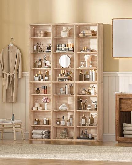 LELELINKY 8 Tier Tall Display Cabinet, Natural Media Storage Cabinet with Adjustable Shelves, Free Standing DVD Organizer Shelf, Floor multimedia storage manga bookshelf for Living Room & Home Office.