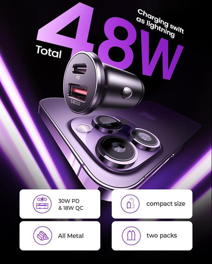 LISEN USB C Car Charger Adapter [2 Pack] [Mini & Metal] Cigarette Lighter USB Charger Fast Charging [PD QC 3.0] USBC Car Phone Charger for iPhone 15 Pro Max Plus 14 Samsung Galaxy S23 iPad Pro, Purple